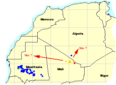 10 October. New reports of a few swarms and some hopper bands in N. Mali