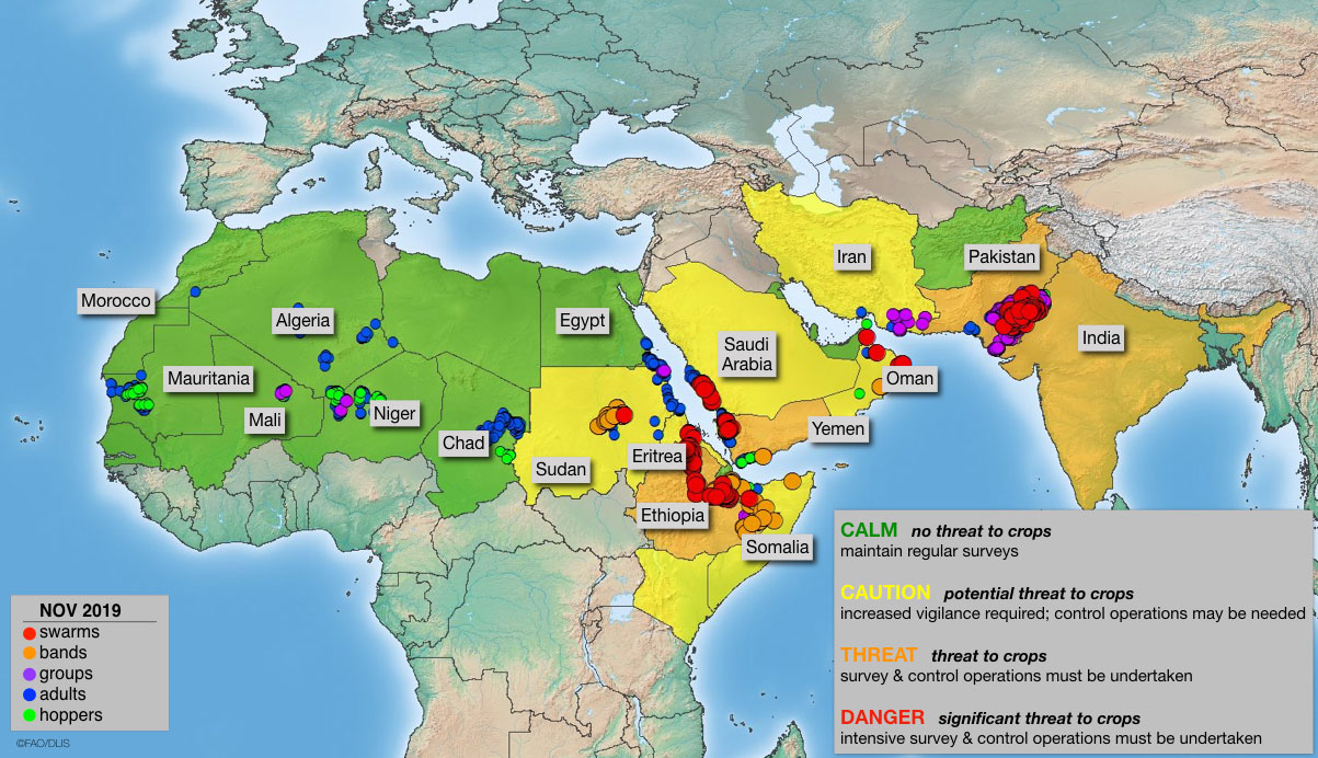 4 December. Threat level increases in SW Asia and E Africa