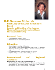 Lea el CV de la Excma. Sra. Suzanne Mubarak, Primera Dama de la República Árabe de Egipto y Fundadora y Presidenta del Movimiento Internacional de Mujeres por la Paz “Suzanne Mubarak”.
