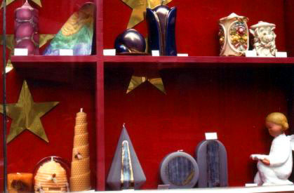 Special, moulded, carved and painted candles from displays is Germany (Mungersdorff, Koln)