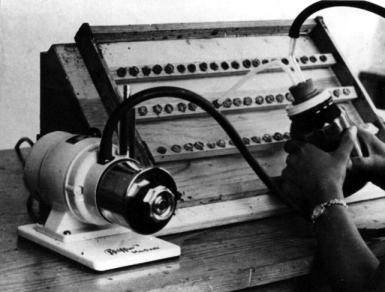 Figure b) A small vacuum pump can be adapted for the collection of larger quantities of royal jelly. Note that all the queen cells have been cut down in size to facilitate removal of the larvae and the royal jelly. 