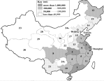 Figure 3.1.1.2. The admninistrative divisions
of the People's Republic of China, showing ranked freshwater aquaculture
production for 1995 in each area. (Map courtesy of Anton Immink)