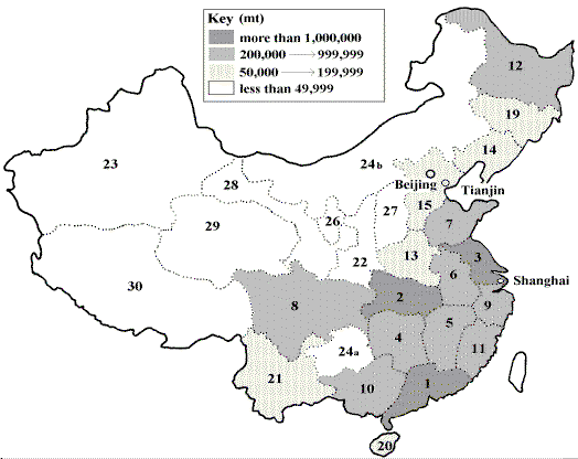 Figure 3.1.1.2. The administrative divisions of the People's Republic
of China, showing ranked freshwater aquaculture production for 1995
in each area. (Map courtesy of Anton Immink)