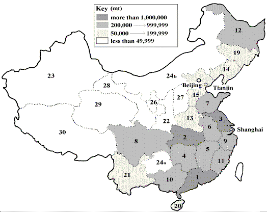 Figure 3.1.1.2. The administrative divisions of the People's Republic
of China, showing ranked freshwater aquaculture production for 1995
in each area. (Map courtesy of Anton Immink)