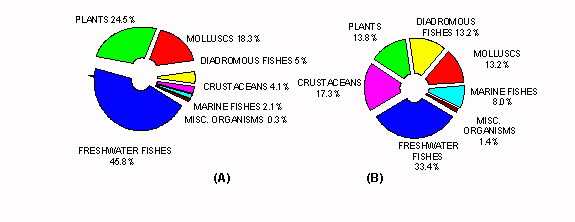 Figure 1.1.2.4 Percentage of production in (A) gonnage and (B) value of major cultured groups of aquatic organisms in 1995