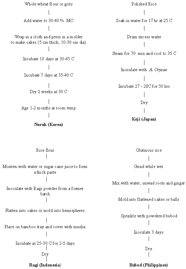 Flow charts for the preparation of solid-fermented starters in different countries of the Asia-Pacific Region