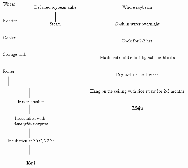 Flow chart for the preparation of solid-state fermented starters used in soysauce processing (Saone et al., 1986 ; Lee and Jul, 1982)