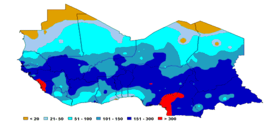 Carte de pluviom&eacute;trie totale du 1er au 31 ao&ucirc;t 2001