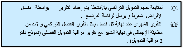 Text Box: A لمتابعة حجم التمويل التراكمي بالأنشطة يتم إعداد التقرير بواسطة منسق الإقراض شهرياً و يرسل لرئاسة البرنامج . A التقرير الشهري عند نهاية كل فصل يمثل تقرير الفصل التراكمي و لابد من مطابقة الإجمالي في نهاية الشهر مع تقرير مراقبة التمويل الفصلي (نموذج دفتر 2 مراقبة التمويل) .