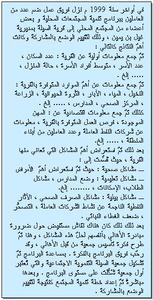 Text Box: �� ����� ��� 1999 � ��� ���� ��� �� ��� �� �������� ������� ����� ��������� ������� � ��� ����� �� ������� ������ ��� ���� ������ ������� ��� �� ���� � ���� ������ ����� ��������� ����� ���� ������� ������� :  ��� ��� ������� ����� �� ������ : ��� ������ � ��� ����� � ����� ����� ������ � ���� ������ � ..... ��� .  ��� ��� ������� �� ���� ������� �������� ������� : ������ � ������ � ������ � ������ ��������� � ������� � ������ ����� � ������� � ..... ��� .  ���� ��� ��� ������� �������� �� : ����� �������� � ��� ����� �������� ������� � ������� �� ����� ����� ������� ���� �������� �� ����� ������� � ..... ���.  ��� ��� ��� ������� ���� ������� ���� ����� ���� ������ � ��� ������� ��� :  � ����� ���� : ��� ��� ������� ���� �������   � ����� ������� : ��� ������� � ����� �����ȡ ��������� � ........ ���.  � ����� ����� : ����� ����� ����� � ������ ������� ������� �� ���� ������� ������� � �������� � ��� ������ ������� .  ��� ��� ��� ��� ���� ���� ������ ��� ����� ������ ������� ������� ���� ��� ������� � ���� ��� ��� ���� ����� ����� �� ��� ������� � ��� ���� ���� �������� ������� . ������� �������� ��� ����� ����� ������ �������� ���������� ����� ������ ��� ����� ������� ��� ����� �������� . ������ ������� ��� ����� ��� ����� ������� ������ ������ ����� ��������� .    