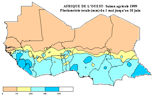 Carte de pluviom&eacute;trie totale du 1er mai au 10 juin 1999