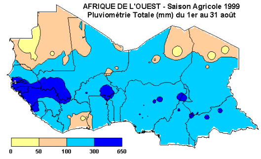 Afrique de l'Ouest - Saison agricole 1999 - Pluviom&eacute;trie Totale du 1er au 31 Ao&ucirc;t 1999