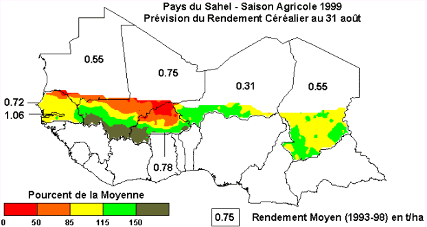 Pays du Sahel - Saison agricole 1999 -  Pr&eacute;vision du rendement C&eacute;r&eacute;alier au 31 Ao&ucirc;t 1999