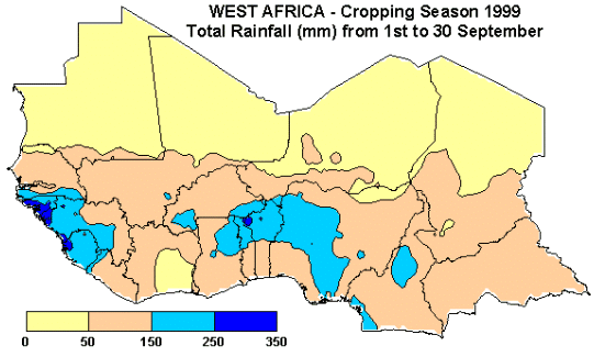 West Africa - Cropping Season 1999 - Total Rainfall from 1st to 30 September