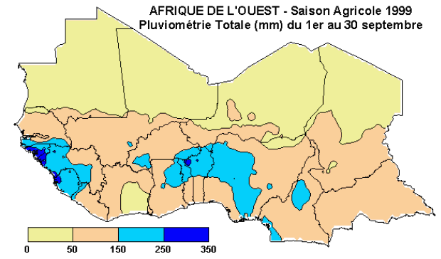 Afrique de l'Ouest - Saison agricole 1999 - Pluviom&eacute;trie Totale du 1er au 31 Ao&ucirc;t 1999