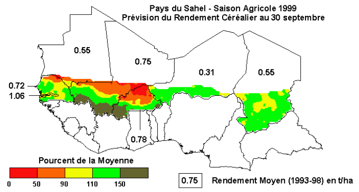 Pays du Sahel - Saison agricole 1999 -  Pr&eacute;vision du rendement C&eacute;r&eacute;alier au 31 Ao&ucirc;t 1999