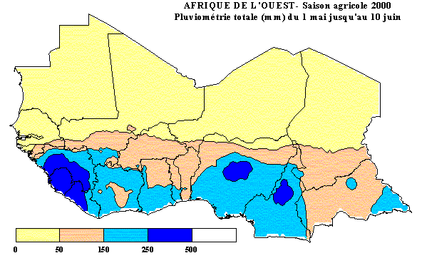 Carte de pluviom&eacute;trie totale du 1er mai au 10 juin 2000