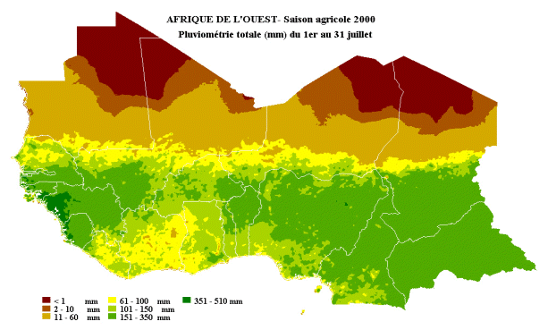 Carte de pluviom&eacute;trie totale du 1er au 31 juillet 2000