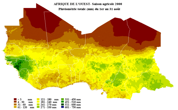 Carte de pluviom&eacute;trie totale du 1er au 31 juillet 2000