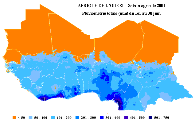 Carte de pluviom&eacute;trie totale du 1er au 30 juin 2001