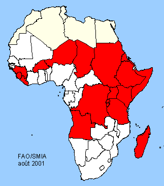 Carte des pays affectés par des situations d'urgence alimentaire exceptionnelles
