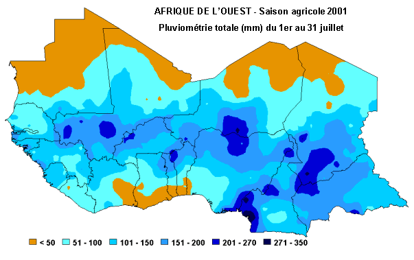 Carte de pluviom&eacute;trie totale du 1er au 30 juin 2001