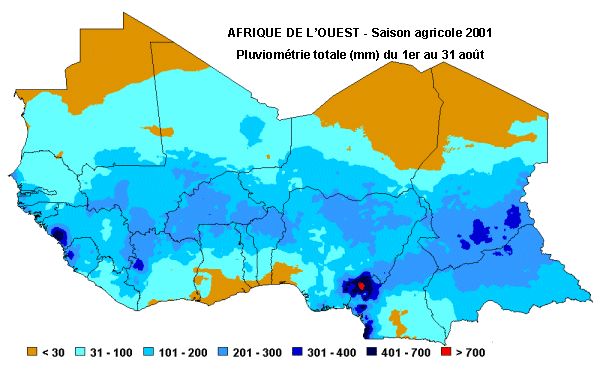 Carte de pluviom&eacute;trie totale du 1er au 30 juin 2001