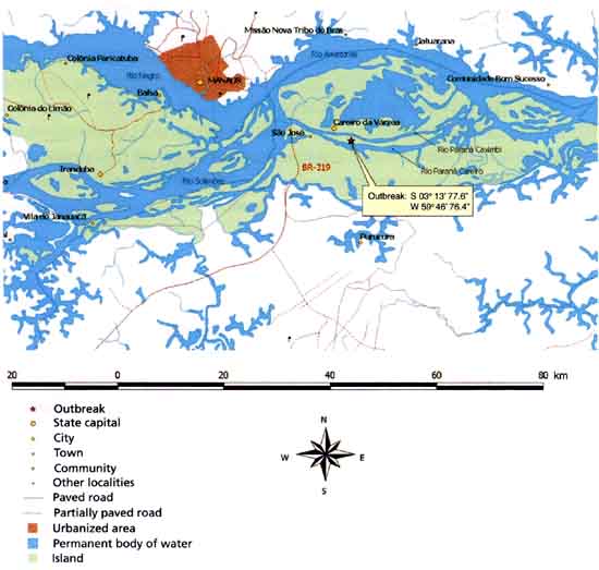 Location of the outbreak of FMD type C virus in the Municipality of Careiro da V&aacute;rzea, Amazonas, Brazil, September 2004