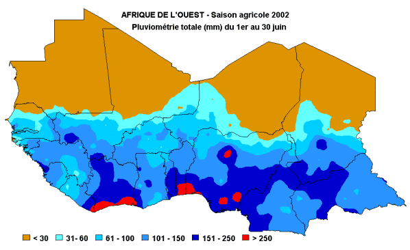 Carte de pluviom&eacute;trie totale du 1er au 30 juin 2001