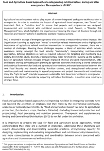 Food and Agriculture Based Approaches to safeguarding nutrition before, during and after emergencies: The experience of FAO