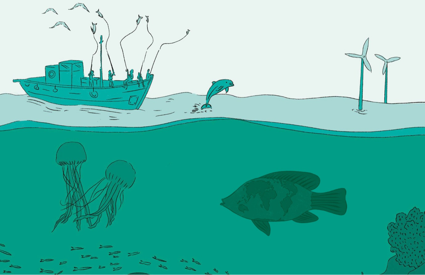 Illustration: fishing boat, fishes unferwater and energy.