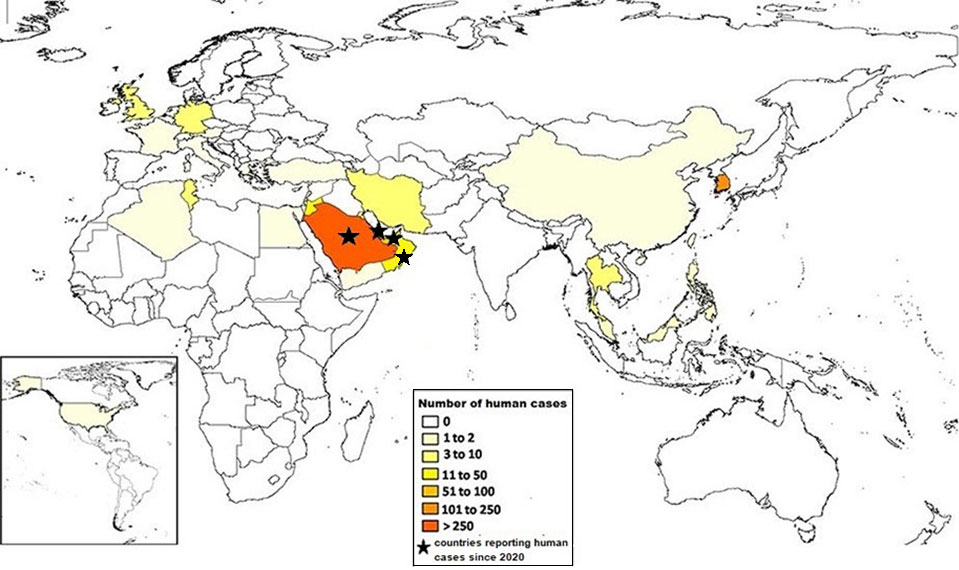 Global distribution of human cases of MERS-CoV