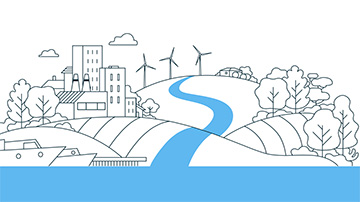 Paisaje animado del informe interactivo El estado mundial de la agricultura y la alimentación 2020 que muestra un río de agua dulce que atraviesa una ciudad.