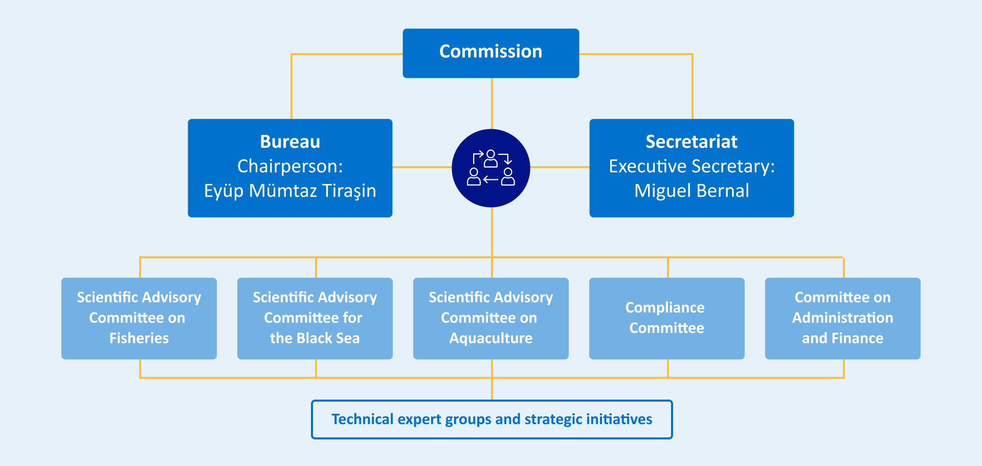 Organizational chart showing the Commission, Bureau, Secretariat, five advisory and administrative committees, and technical expert groups and strategic initiatives.